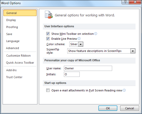 how to view options in word